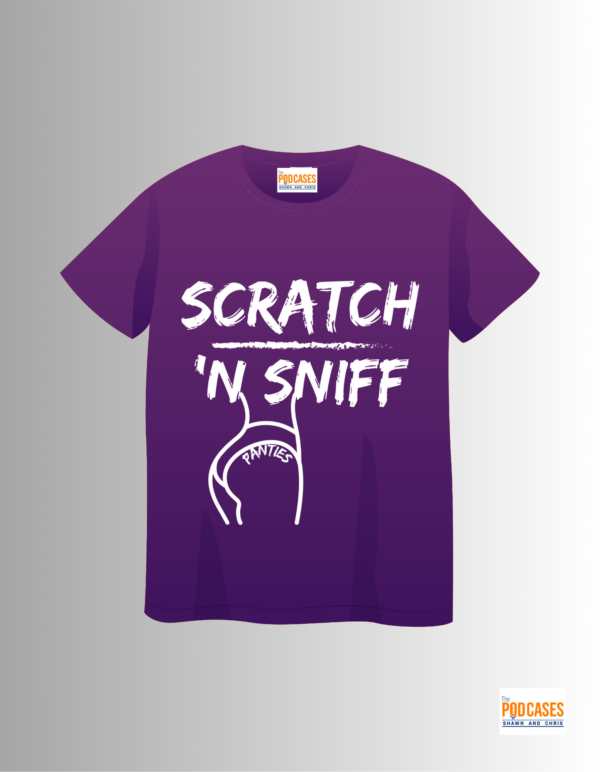 Get ready to indulge your senses with this vibrant purple t-shirt featuring the words "scratch and sniff." Experience a whole new level of fun and style!